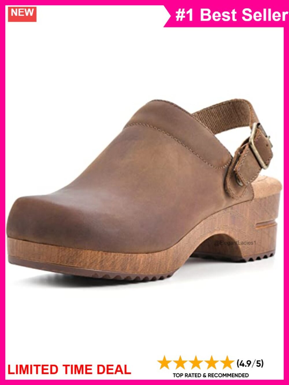 Leather Clog Mules Cushioned Insole Adjustable Strap Walking Shoes